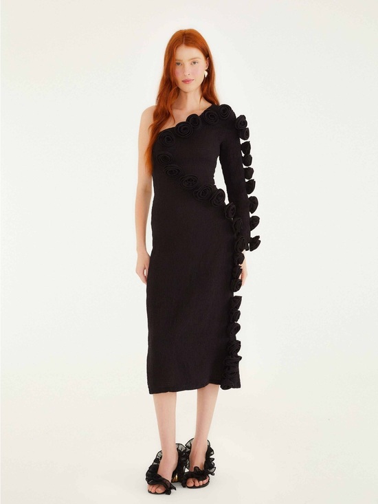 FARM Rio Dresses & Skirts - Farm Rio Black 3d Rose One-Shoulder Midi Dress S